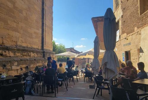 A view looking out of the courtyard