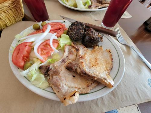 Salad, chops, and sausage. And Sangria!